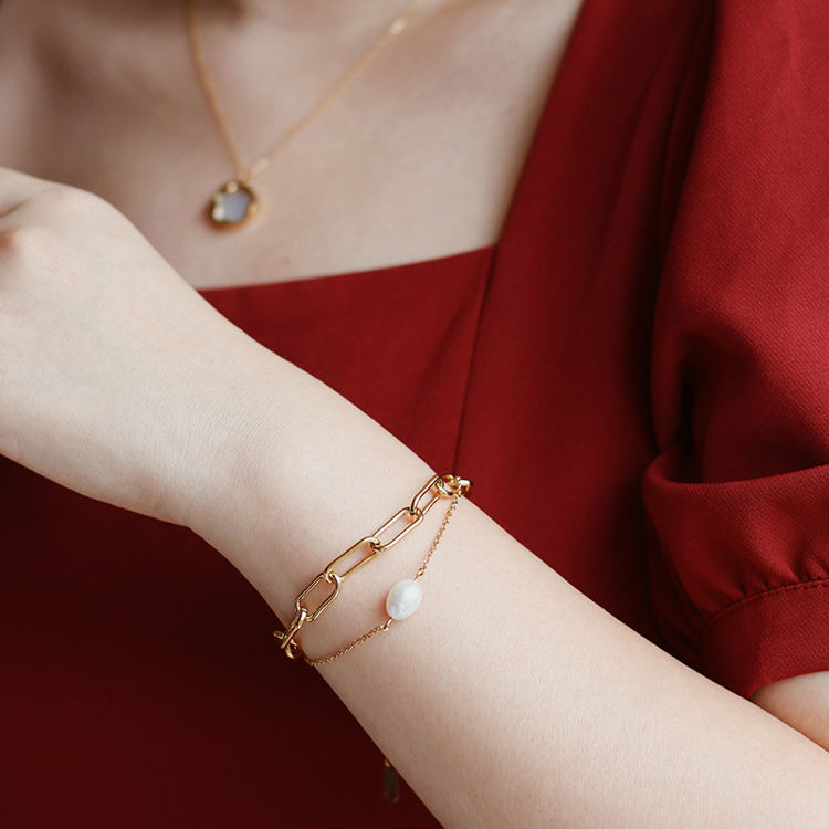 18k Gold Freshwater Pearl Double Layer Chain Bracelet