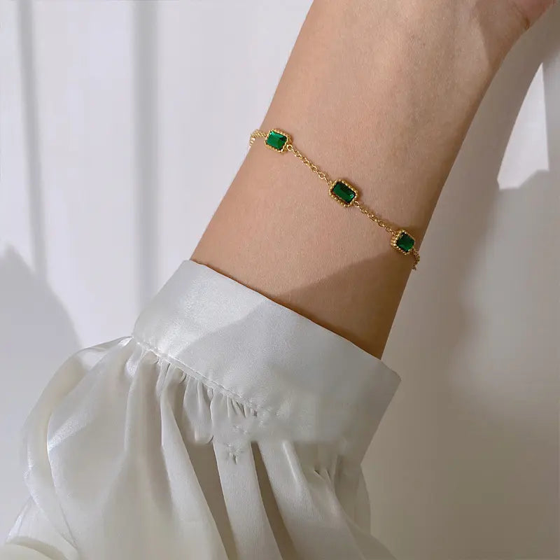 18K Gold Plated Green Square Zircon Chain Bracelet