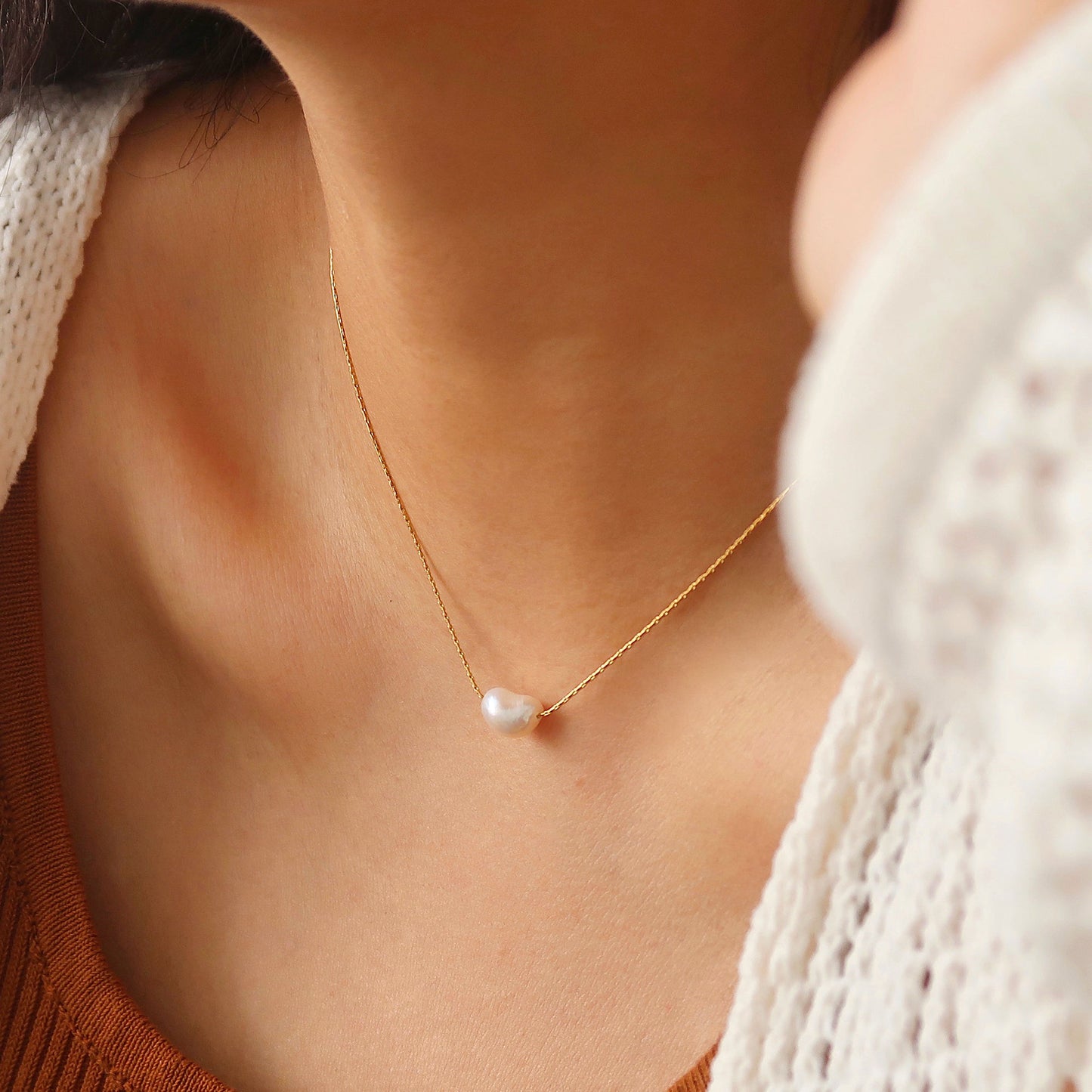 18K Gold Plated Natural Single Pearl Bead Necklace