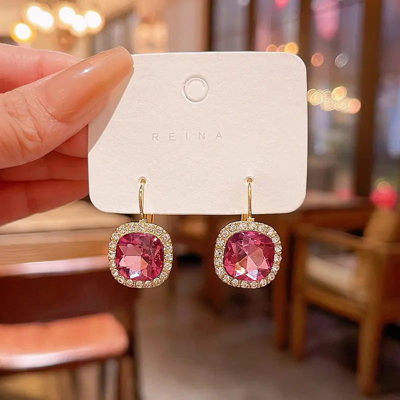 Pink Zircon Square Drop Earrings