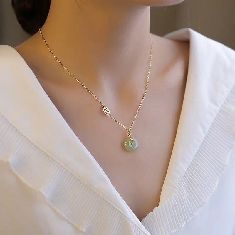 Green Jade Donut Pendant Stainless Steel Gemstone Necklace