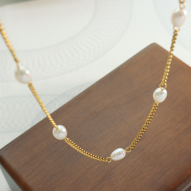 18k Gold Plated Fresh Water Pearl Curb Necklace.