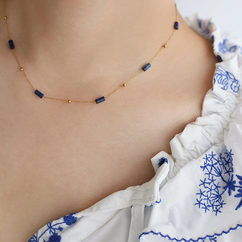 18K GP Blue Natural Lapis Lazuli Stone Bead Necklace