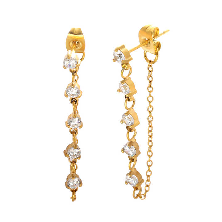 18K PVD Gold Plated Link Chain Tassel CZ Earrings