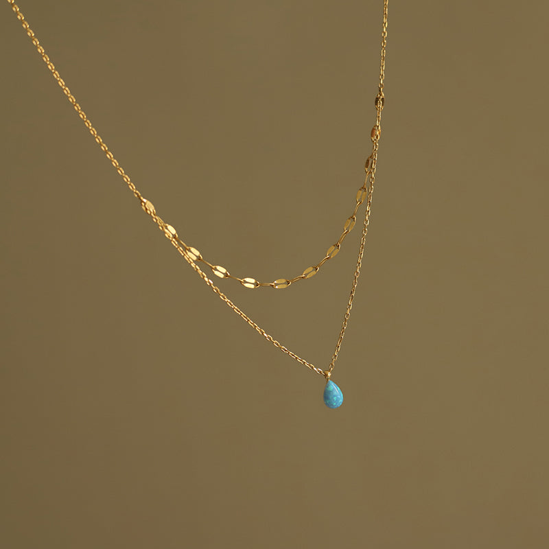 18K GP Aqua Blue Teardrop Pendant Chain