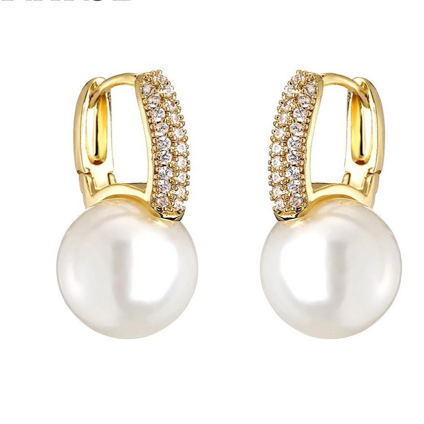 CZ Big Water Pearl Huggie Hoop Earrings