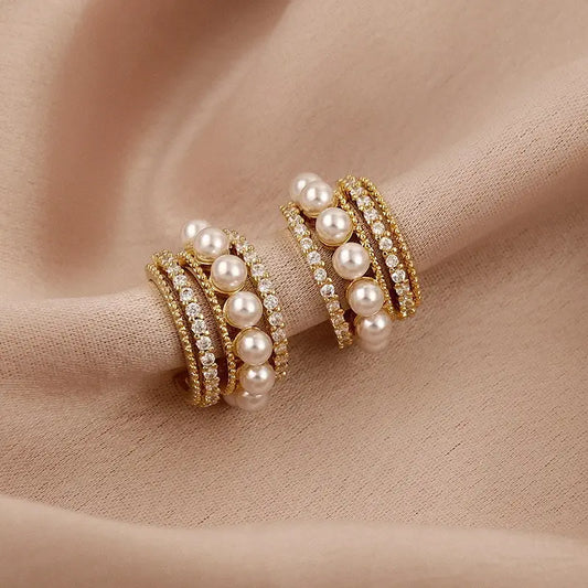 C-shaped Gold Plated Cuff Pearl Stud Earrings