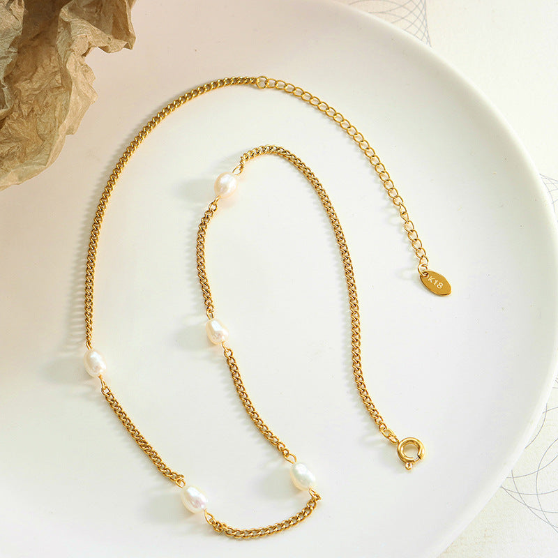 18k Gold Plated Fresh Water Pearl Curb Necklace.