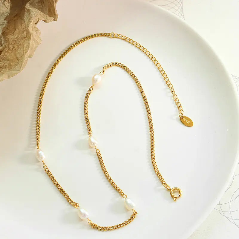 18k Gold Plated Fresh Water Pearl Satellite Curb Chain Necklace