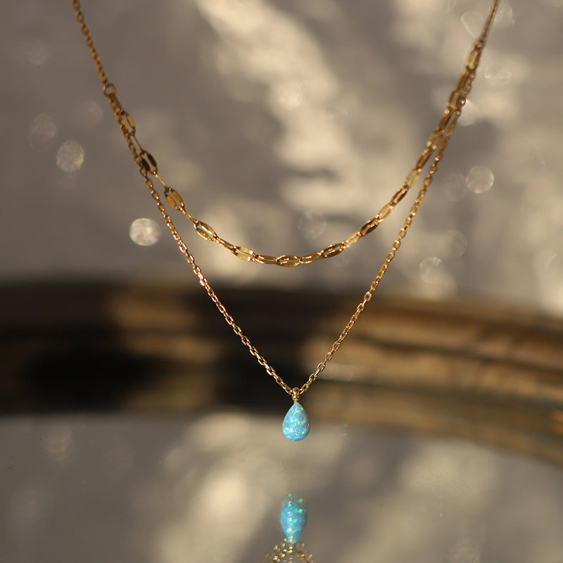 18K GP Aqua Blue Teardrop Pendant Chain