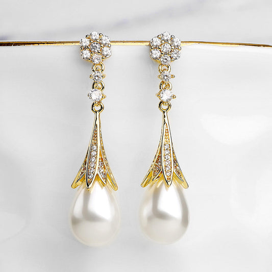 Long Pearl Micro-inlaid Zircon Flower Earrings