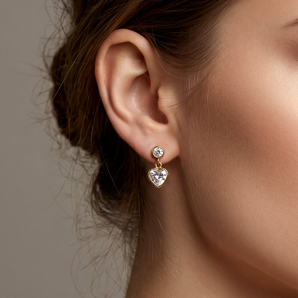 Round Bezel Heart Drop Studs