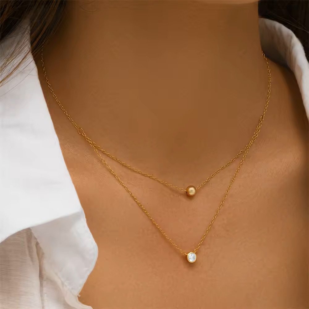 925 Sterling Silver Double-Layer Bead Single Zirconia Pendant Necklace