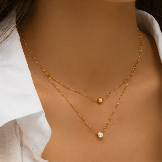 925 Sterling Silver Double-Layer Bead Single Zirconia Pendant Necklace
