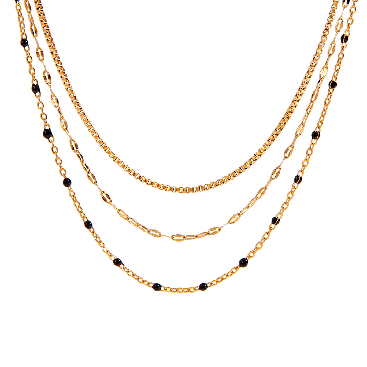18k Gold Black Bead Layered Chain Necklace