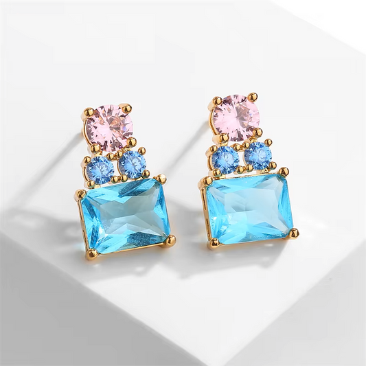 18k Gold Plated Square Multi Color CZ Designer Ear Studs