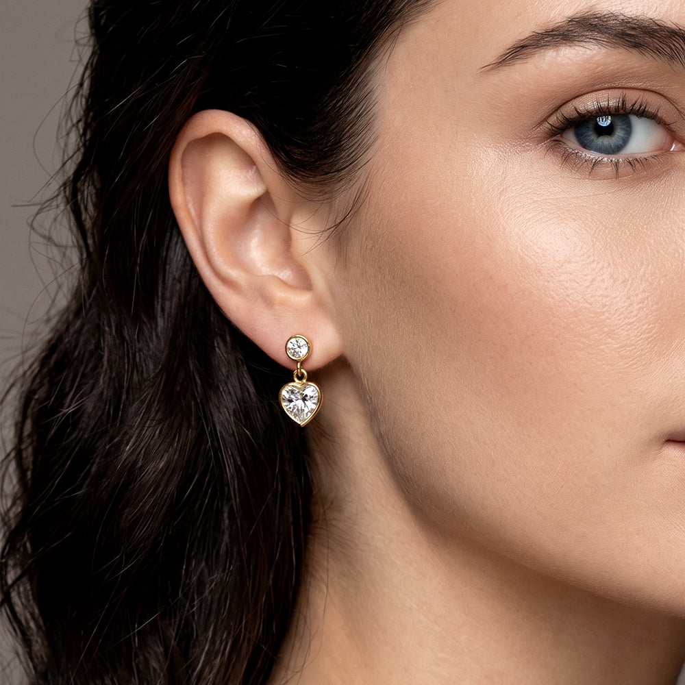 Round Bezel Heart Drop Studs