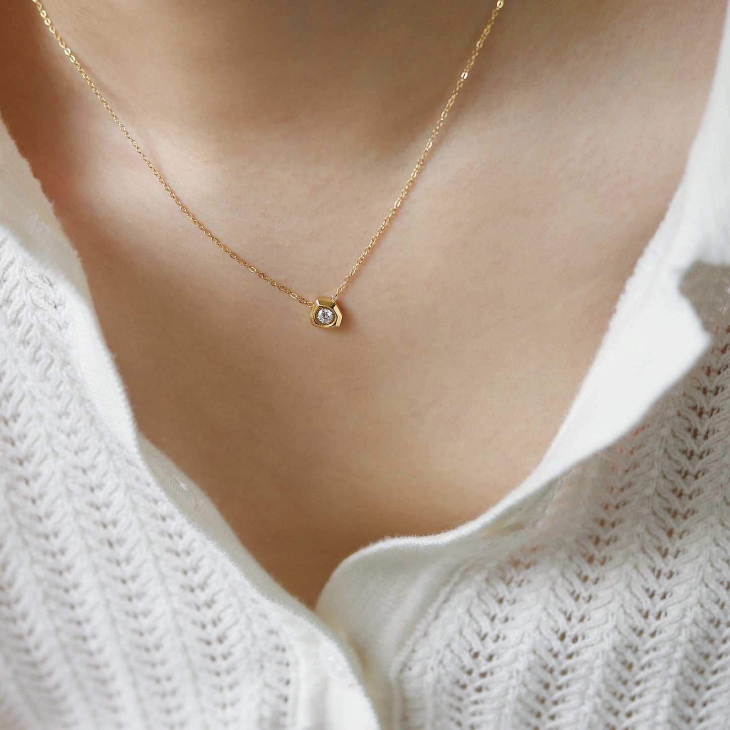 18K GP Hexagon CZ Necklace