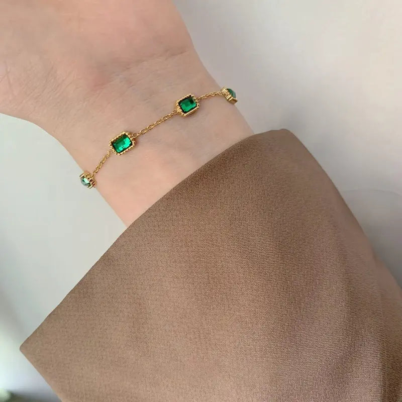 18K Gold Plated Green Square Zircon Chain Bracelet