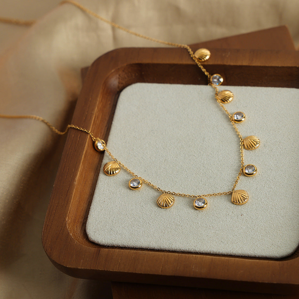 18K GP Shell and Zircon Charm Pendant Necklace