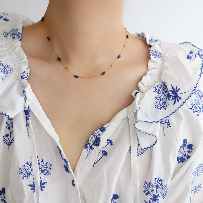 18K GP Blue Natural Lapis Lazuli Stone Bead Necklace
