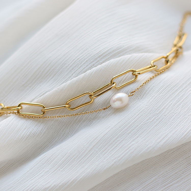 18k Gold Freshwater Pearl Double Layer Chain Bracelet