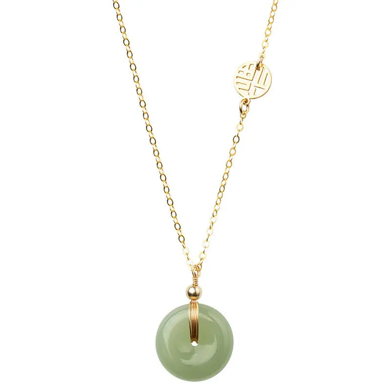 Green Jade Donut Pendant Stainless Steel Gemstone Necklace