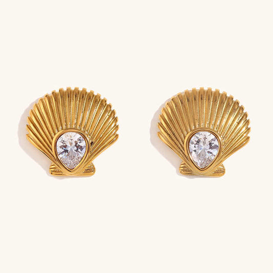 18K Gold Plated White Crystal Sea Shell Earrings