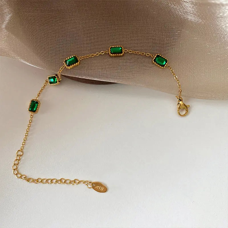 18K Gold Plated Green Square Zircon Chain Bracelet