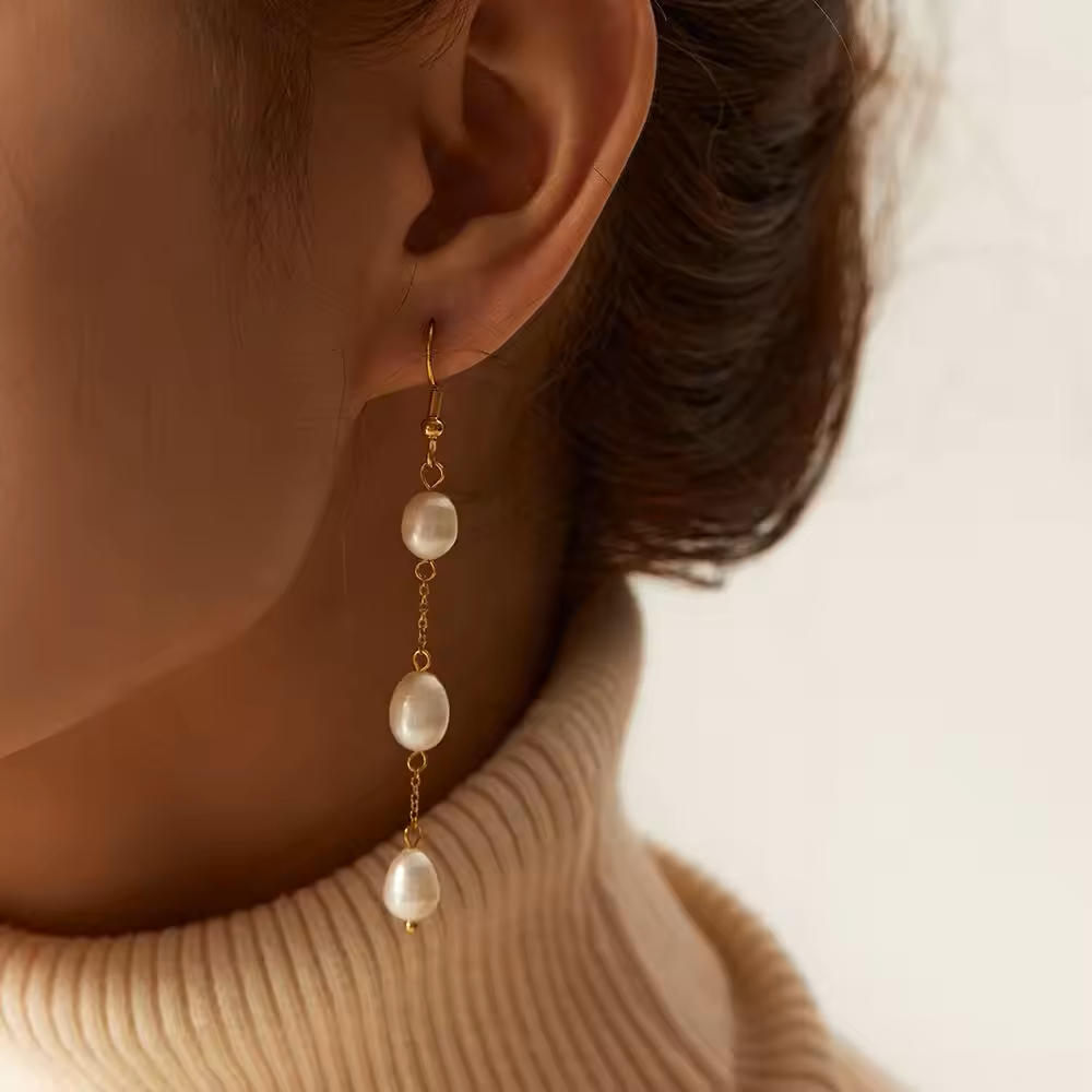 Fresh Water Pear Long Chain Earrings