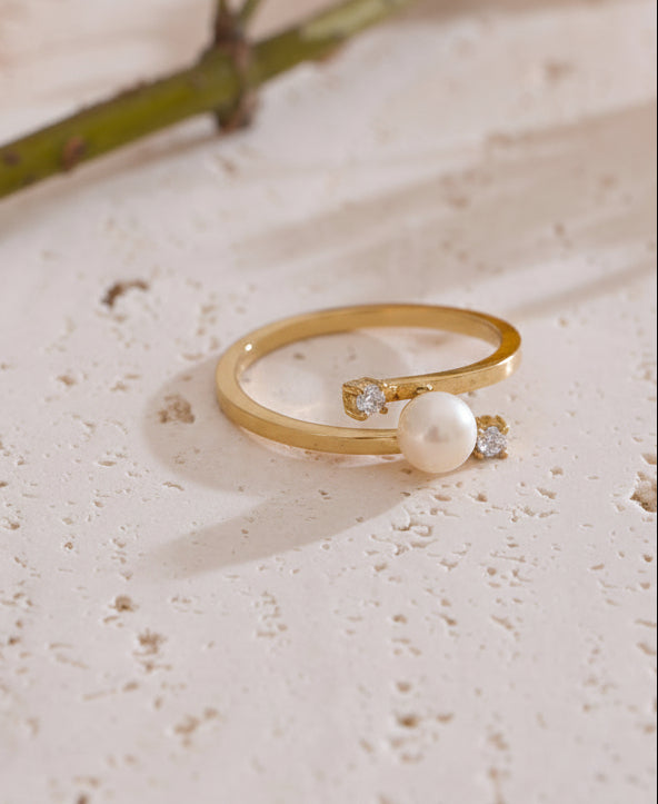Pearl Double Crystal Open Ring