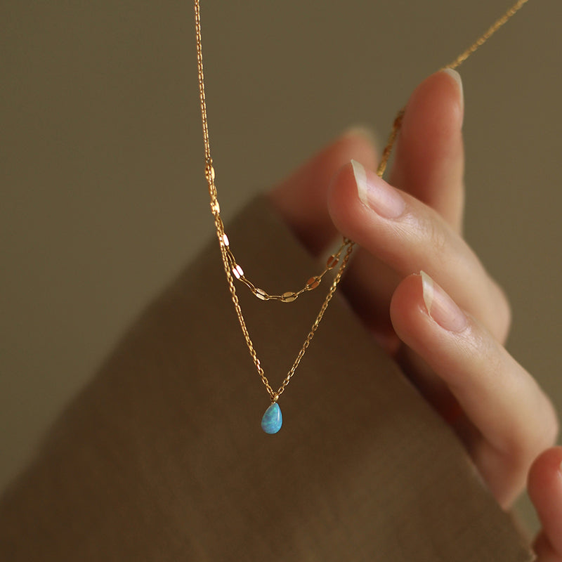 18K GP Aqua Blue Teardrop Pendant Chain