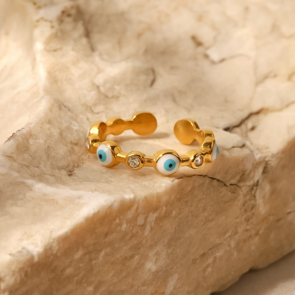 18K Gold Plated Evil Eyes Enameled Clear CZ Ring