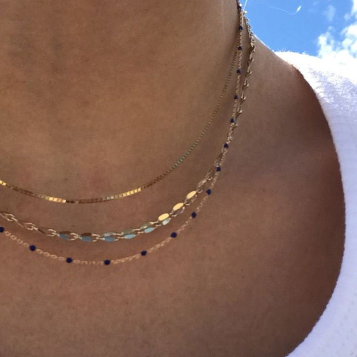 18k Gold Black Bead Layered Chain Necklace