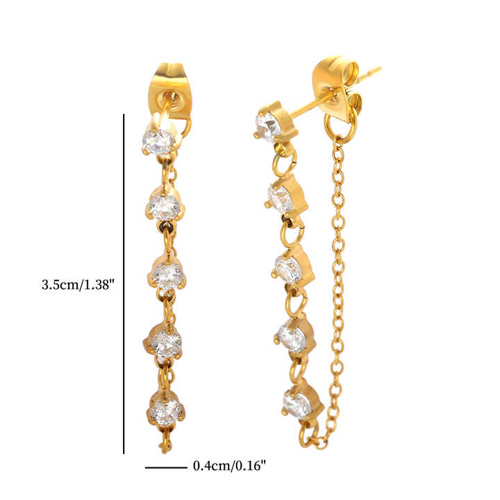 18K PVD Gold Plated Link Chain Tassel CZ Earrings