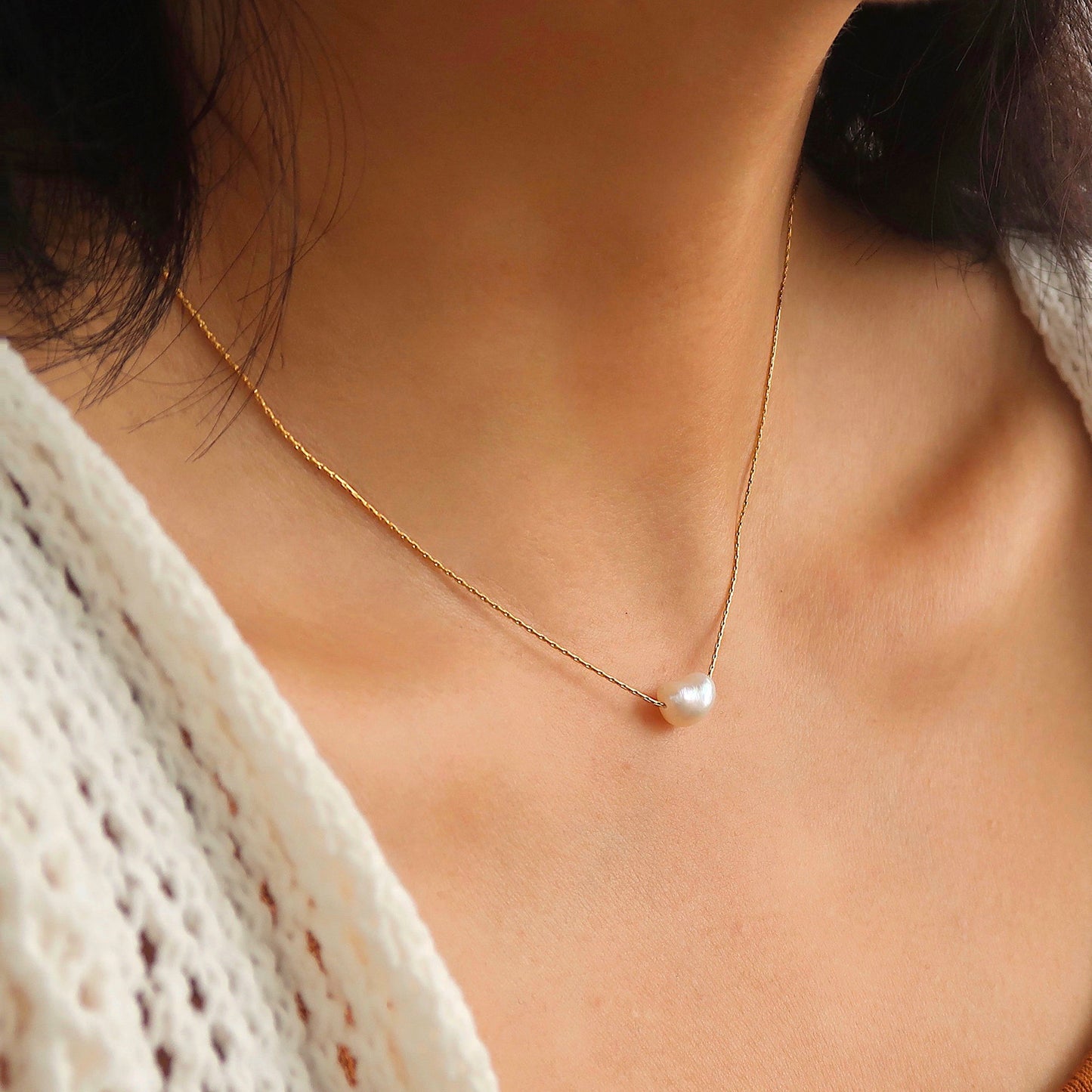 18K Gold Plated Natural Single Pearl Bead Necklace