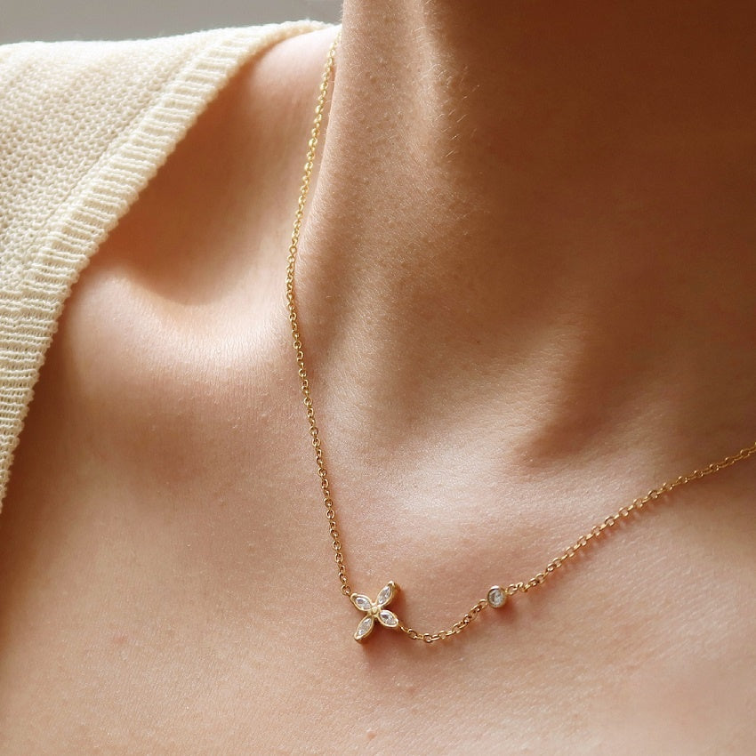 18K Gold Plated Flower Petal Clover Zirconia Pendant Necklace