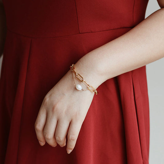 18k Gold Freshwater Pearl Double Layer Chain Bracelet