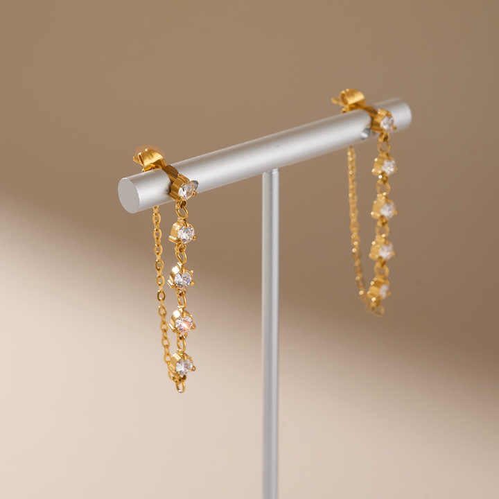 18K PVD Gold Plated Link Chain Tassel CZ Earrings