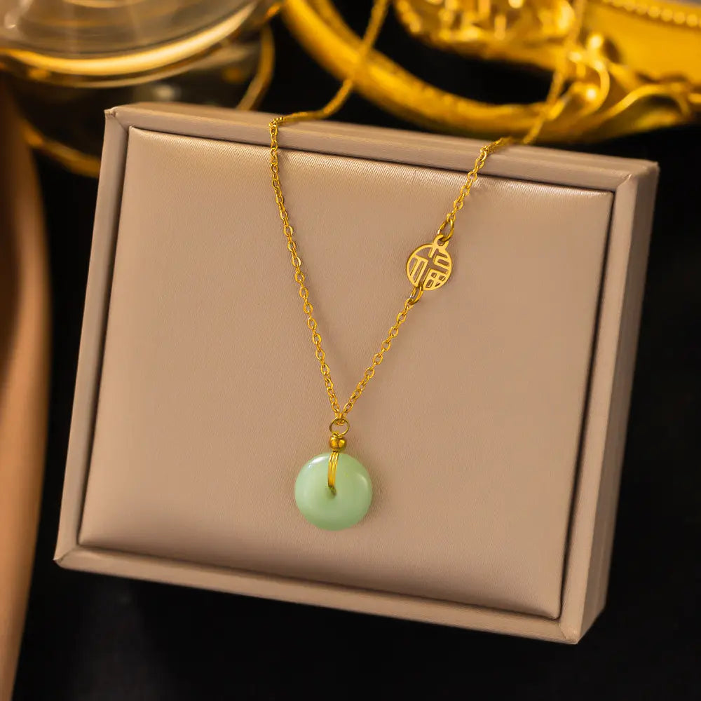 Green Jade Donut Pendant Stainless Steel Gemstone Necklace