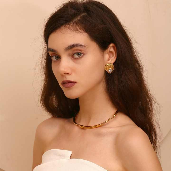 18K Gold Plated White Crystal Sea Shell Earrings