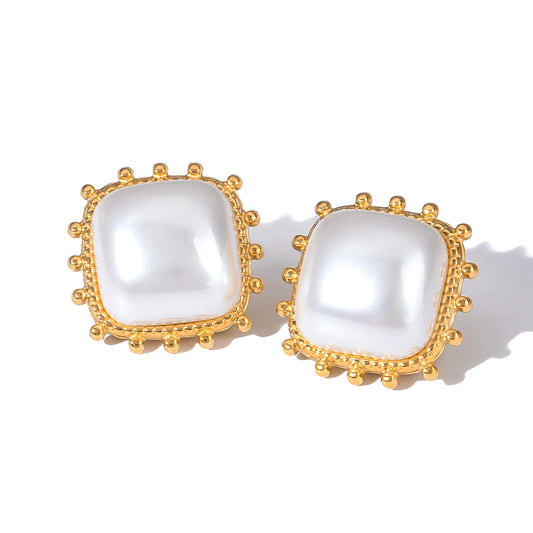 18k Gold Square Pearl Hollow Earrings