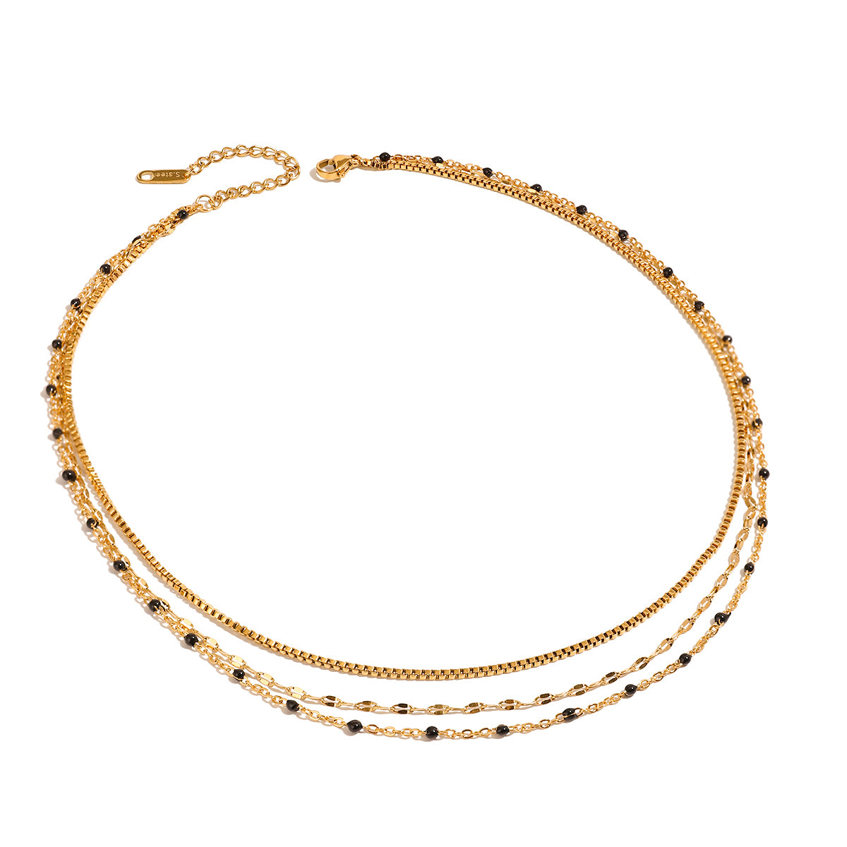 18k Gold Black Bead Layered Chain Necklace
