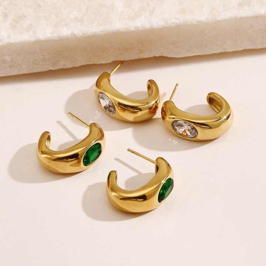 18k Gold Plated Green Clear Zircon CC Shape Earrings