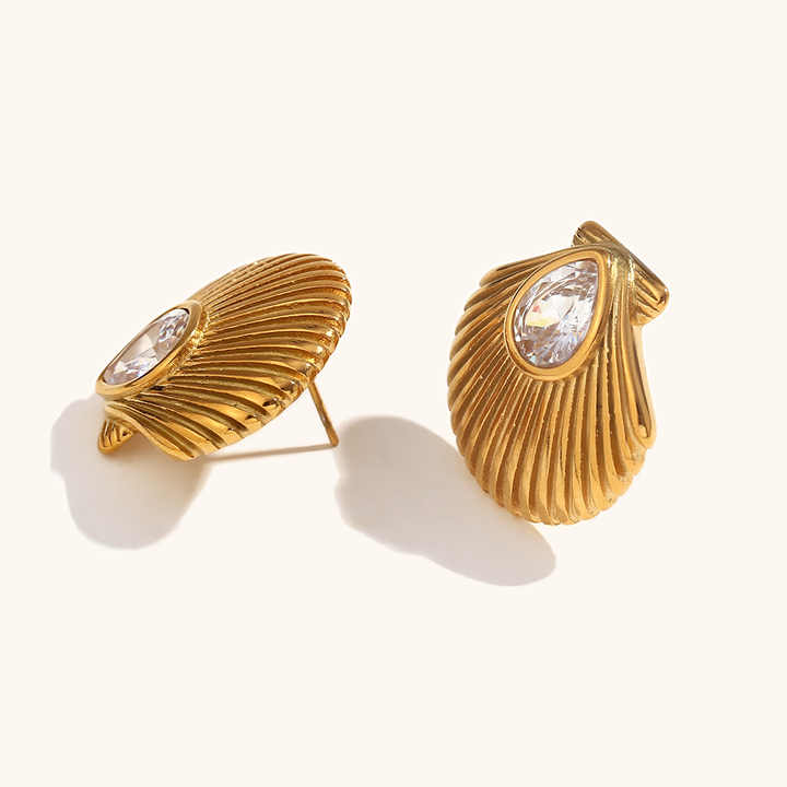 18K Gold Plated White Crystal Sea Shell Earrings