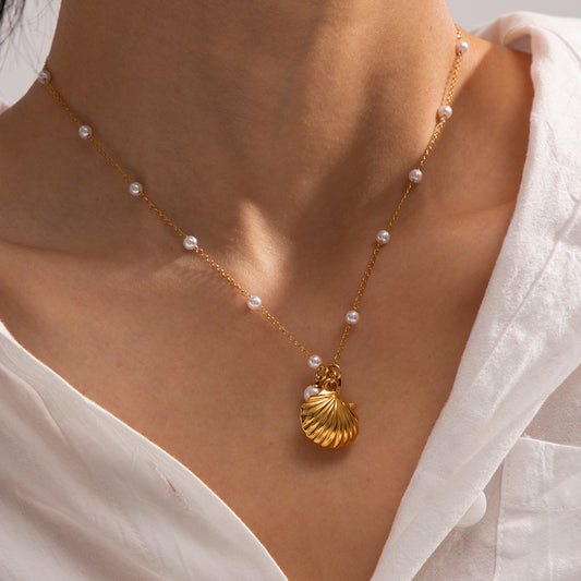 18K Gold Plated Pearl Starfish Seashell Pendant Necklace