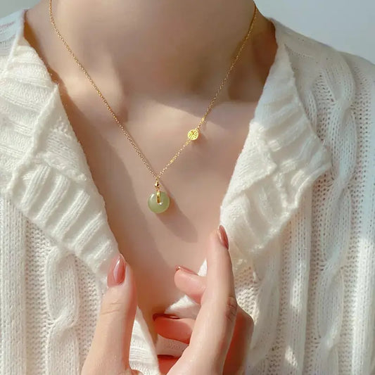 Green Jade Donut Pendant Stainless Steel Gemstone Necklace