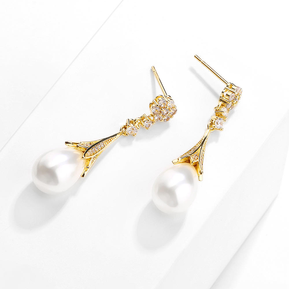 Long Pearl Micro-inlaid Zircon Flower Earrings