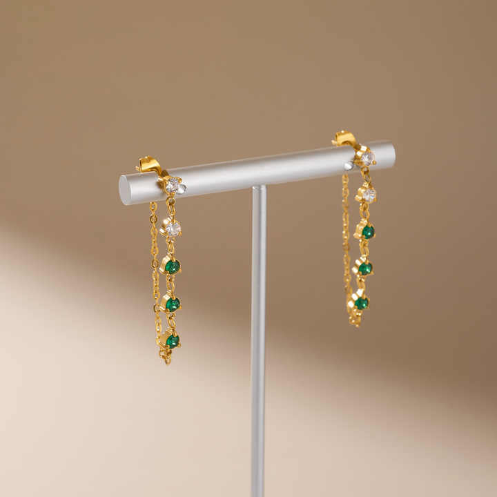 18K PVD Gold Plated Link Chain Tassel Emarald Earrings