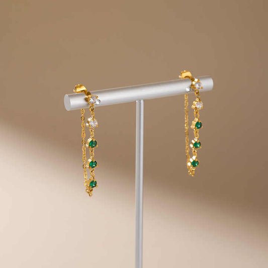 18K PVD Gold Plated Link Chain Tassel Emarald Earrings